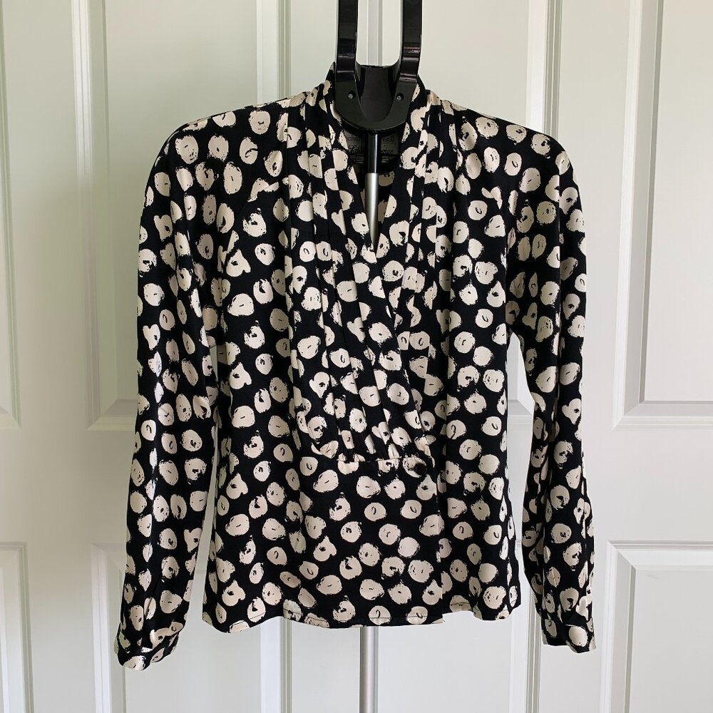 Vtg Constance Saunders 100% silk blouse black cream abstract circles sz 4 ~ M